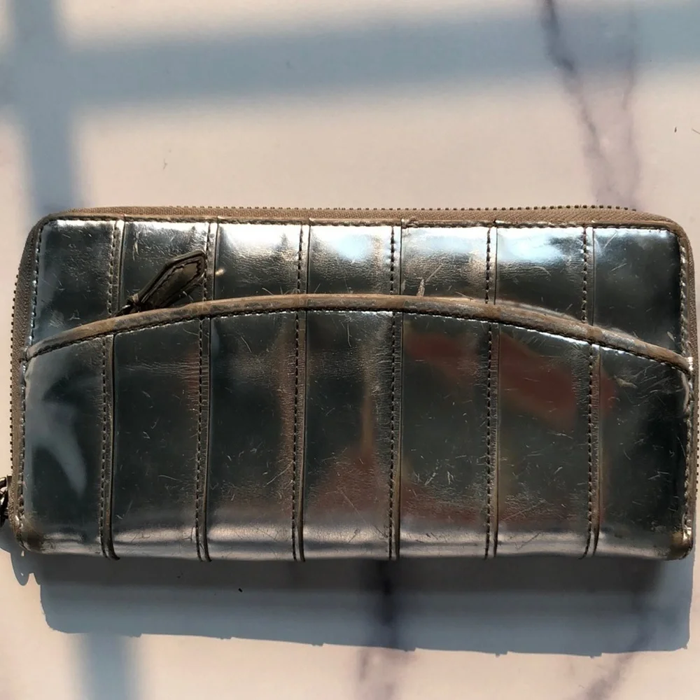 Reed Krakoff Silver Leather Zip Around Ribbon Large Wallet Flawed